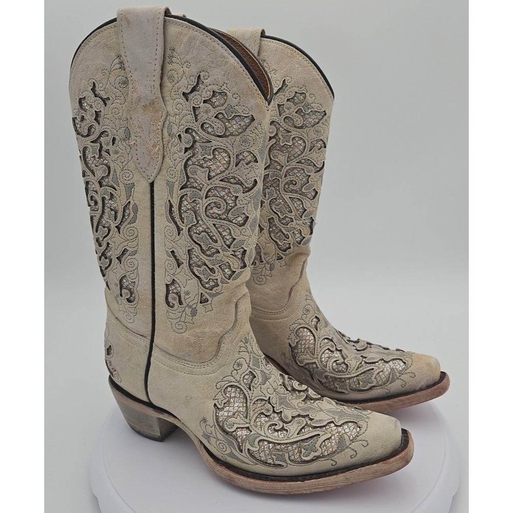 Corral T0021 Cream Glitter Inlay Snip Toe Boots Youth Toddler Wedding Sz 2T *EUC